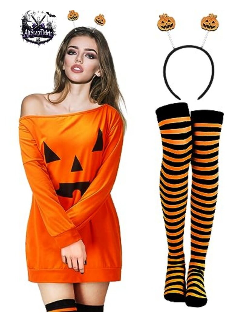 Off Shoulder Pumpkin Dress Headband Striped Stockings Halloween Costume Set